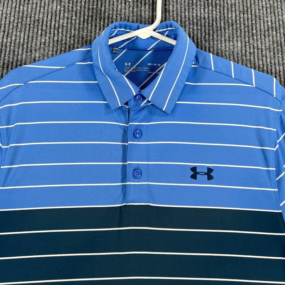 Under Armour Polo‎ Shirt Mens Medium Blue Striped Short Sleeve Loose Fit Heat